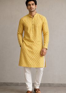 Men's Yellow Printed Kurta