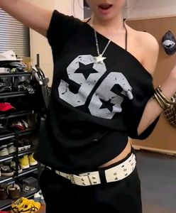 y2k cyber grunge core off shoulder fitted tee