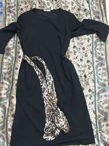 Classic Black Midi Dress with Leopard Scarf