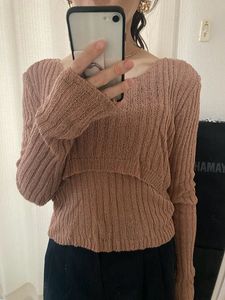 Boat Neck Rib Cropped Knit Long Sleeve