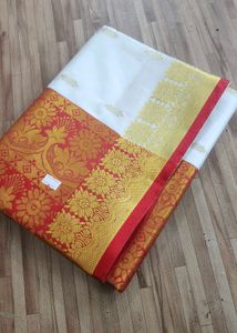 Elegant White &amp; Gold Kanjivaram Silk Saree