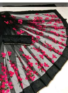 Elegant Black Saree with Pink Floral Embroidery