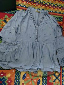 Light Blue Embroidered Kurti with Bell Sleeves