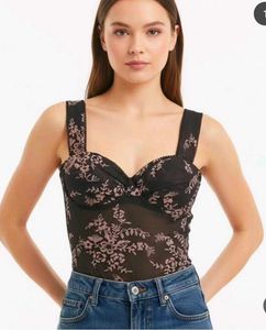 Black Floral Sheer Mesh Bodysuit / Net Inner Top