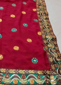 Embellished Red Velvet Saree