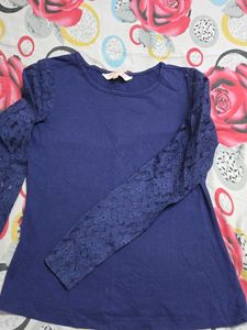 Navy Blue Lace Sleeve Top