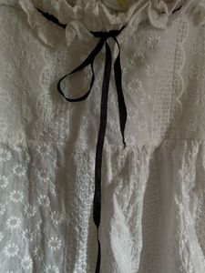 White Eyelet Ruffle Top with Black Ribbon Tie