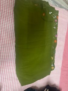 Olive Green Embroidered Saree with Floral Work