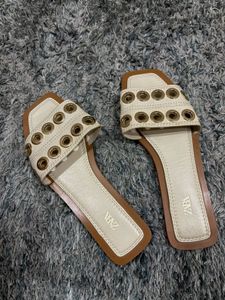 Zara Cream Eyelet Gold Tone Flat
