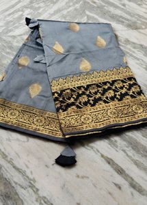 Elegant Grey &amp; Black Banarasi Style Saree