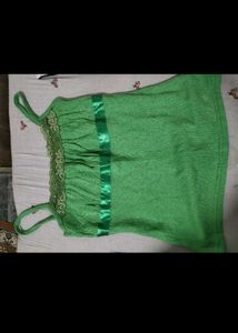Green Spaghetti Strap Top with Lace Trim