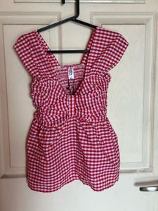 Red Gingham Square Neck Top