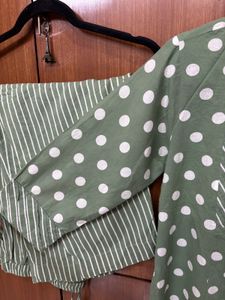 Green Polka Dot Kurta with Striped Pants