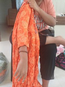 Orange Printed Kurta with Mirror Work