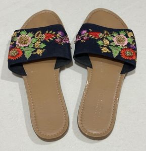 Embroidered Navy Blue Flat Sandals