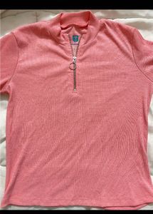Y2K Pink Ribbed Half-Zip Long-Sleeve Top