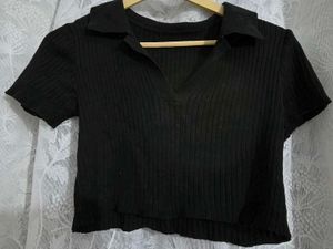 Black Ribbed Collared Crop Top