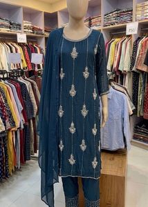 Navy Blue Embroidered Kurta Set