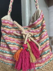 Striped Boho Tote Bag with Tassels