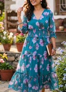 Floral Print Tiered Midi Dress