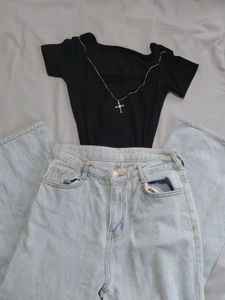 Blue High-Waisted Baggy Flared Jeans