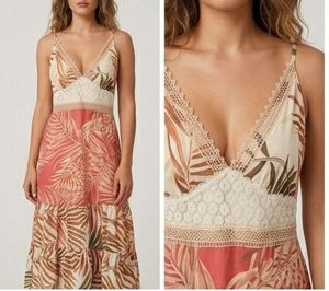 Tropical Print Midi Dress with Lace Detail