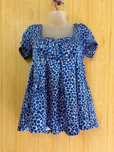 Y2K Blue &amp; White Polka Dot Babydoll Top