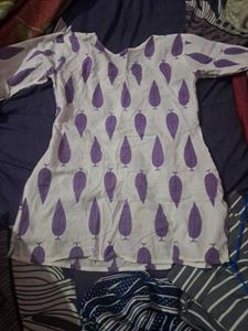 White Kurta with Purple Leaf Print