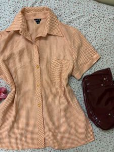 Cute Orange Gingham Button-Up Shirt