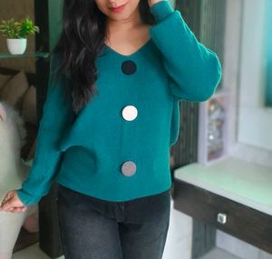 Stylish Teal Button-Accent Sweater