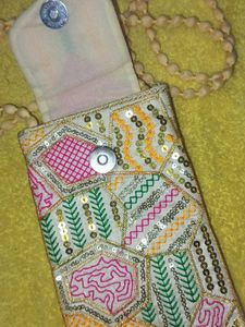 Embroidered mobile sling bag with Beaded Strap and