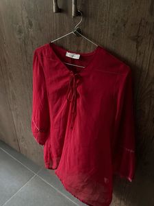 Red Sheer Tie-Neck Blouse
