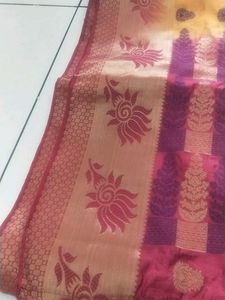 Yellow &amp; Maroon Silk Blend Saree