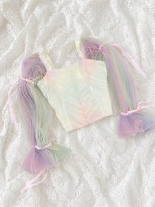 Pastel Rainbow Tulle Sleeve Crop Top