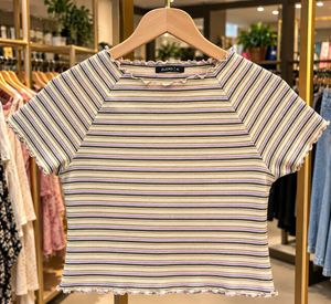 Zudio Multicolour Striped Ribbed Top with Ruffle E