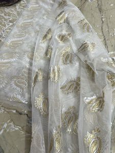 Elegant White &amp; Gold Dupioni Fabric