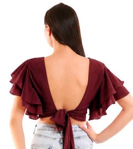 Maroon Ruffle Sleeve Crop Top