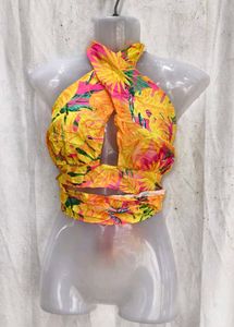 7168. Vibrant Tropical Halter Neck Crop Top