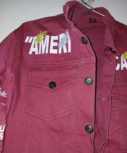 Burgundy Graphic Print Denim Jacket