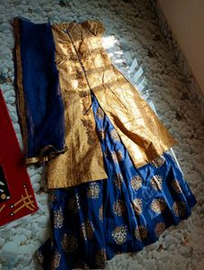 Blue Lehenga With Golden Kurti And Dupatta