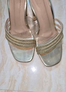 Golden Block Heels with Sparkle Straps