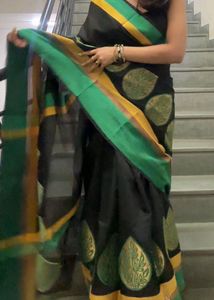 Elegant Black &amp; Green Silk Saree