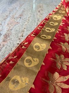 Stunning Red Saree with Gold Motif