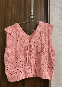 Pink Cable Knit V-Neck Vest