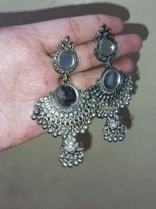 Oxidized Silver Jhumka Earrings with Mirror