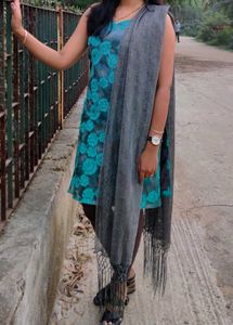 Teal and Grey stitched Floral Short Kurta