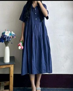 Comfortable Blue Tiered Midi Dress(free size)