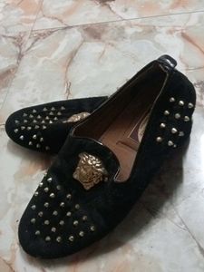 Black velvet studded loafers with gold medusa Embl