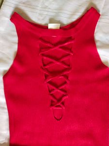 URBANIC Red Lace-Up Knit Dress