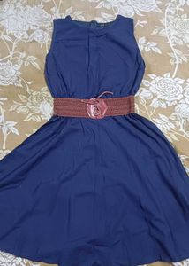 Navy Blue Sleeveless A-Line Dress with Belt